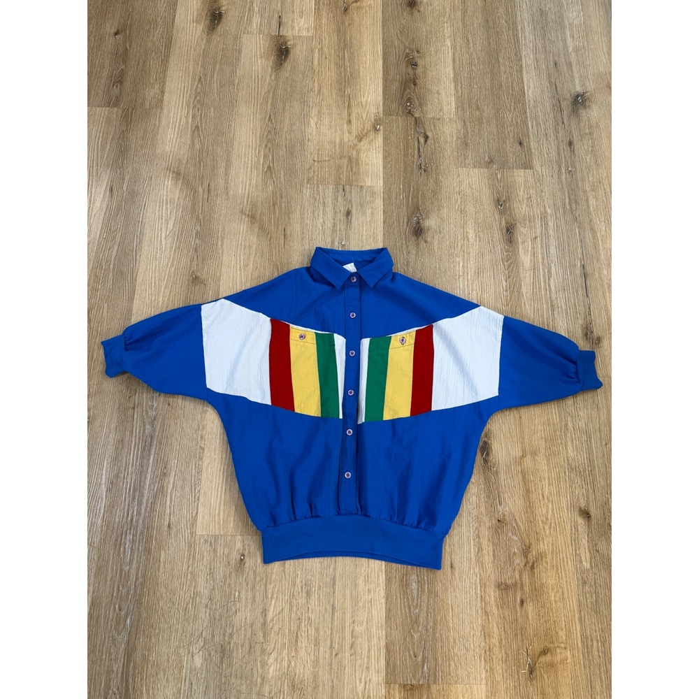Cortiva Vintage 80s Colorblock Shirt Womens M Blue Red Yellow Batwing Blouse